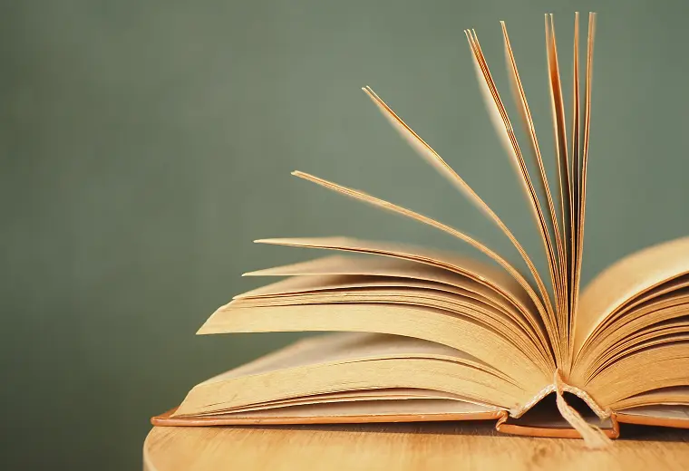 木の台の上でページを扇状に開いた古書。クリーム色の紙束が右へ広がり、暗い緑色の背景に映える