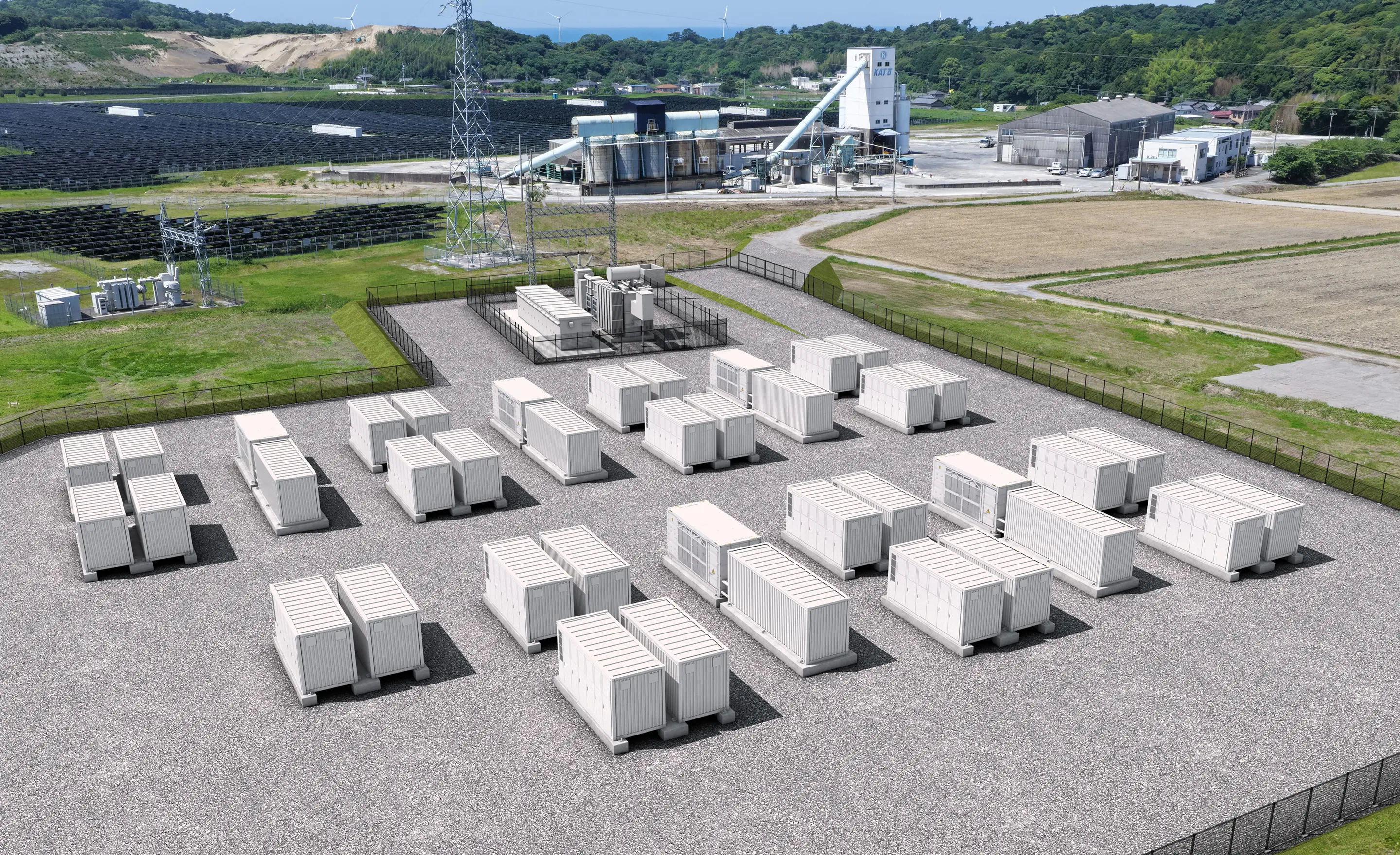 田園地帯に囲まれた系統用蓄電施設の俯瞰。フェンス内の砂利敷に白いコンテナ型バッテリーが整然と並び、変圧器などの電気設備区画と送電鉄塔の一部が見える