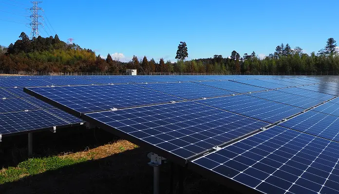晴れた空の下、野面に設置された大規模な太陽光パネル列。手前から奥へ連なる傾斜設置のパネルと、遠景の樹林の向こうに送電用鉄塔が見える