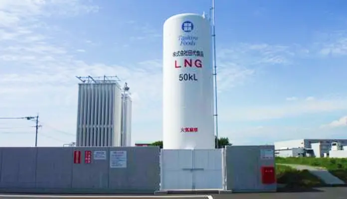 田代食品の白いLNG貯蔵タンク。容量表記50kLとLNG、火気厳禁の表示。左のフィン付き設備、手前の塀とゲート、青空を背景にした工場地帯