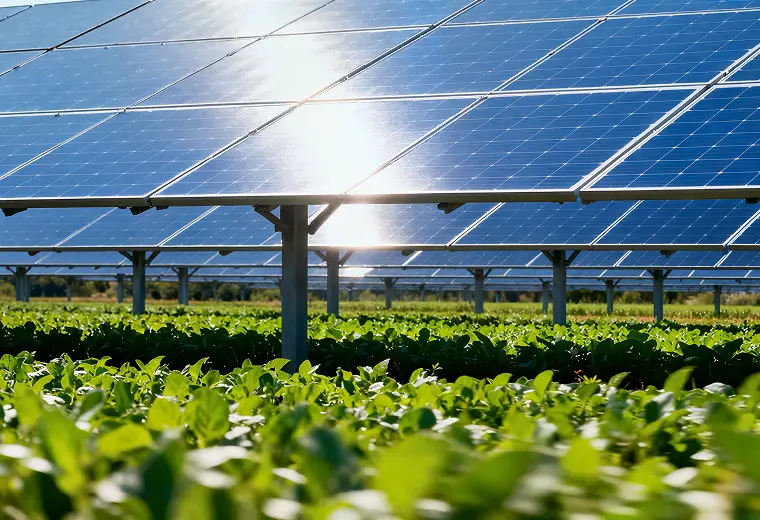 太陽光パネルを作物の上に架け、畑の上で農業と発電を同時に行う農地太陽光（アグリボルタイクス）の様子