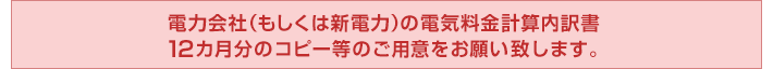 電力会社（もしくは新電力）の電気料金計算内訳書12カ月分のコピー等のご用意をお願い致します。